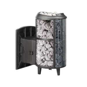 Печь-каменка чугунная АТМОСФЕРА L дверца со стеклом в сетке-ламель ПИРОКСЕНИТ (22 м.куб)