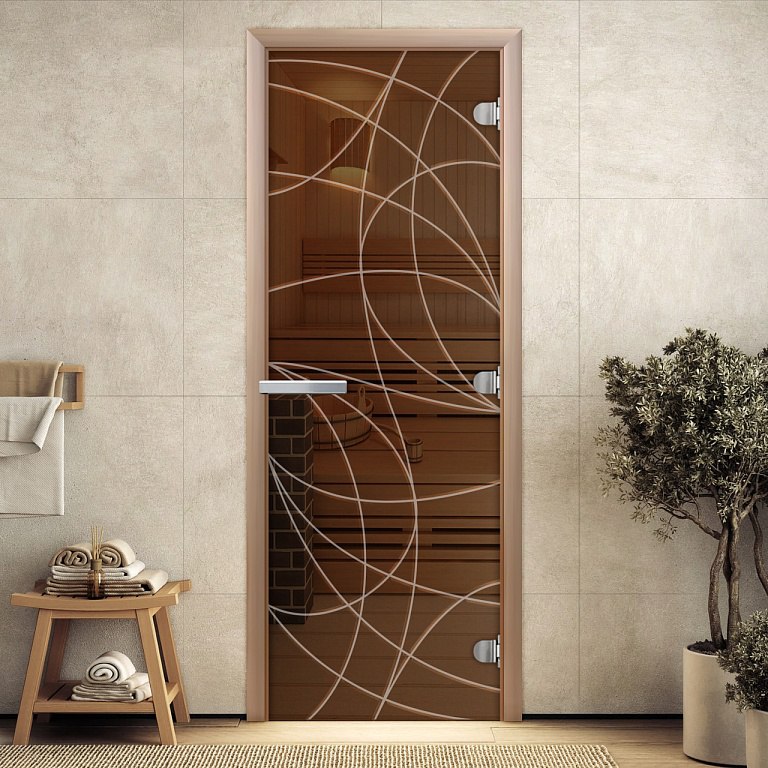 Дверь стеклянная ОТТАВА БРОНЗА С ГРАВИРОВКОЙ 700 х 1900 мм 3 петли, стекло 8 мм, коробка ОСИНА, магнит DoorWood