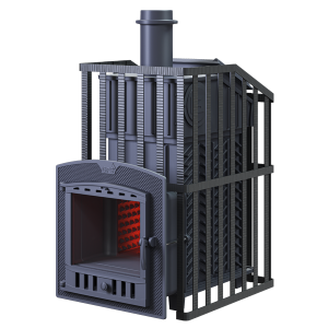 Печь-каменка чугунная GFS-ЗК УРАГАН 18(П)2 в сетке дверца ПАНОРАМА усиленная каменка (18 м.куб)