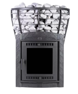 Печь-каменка чугунная АТМОСФЕРА V дверца со стеклом  в сетке нержавейка (25-40 м.куб)