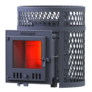 Печь-каменка чугунная ИСКАНДЕР 18МС дверца со стеклом в сетке (18 м.куб)