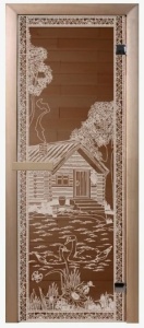 Дверь стеклянная БАНЬКА В ЛЕСУ БРОНЗА 700 х 1900 мм 2 петли, стекло 6 мм, коробка ХВОЯ, магнит DW