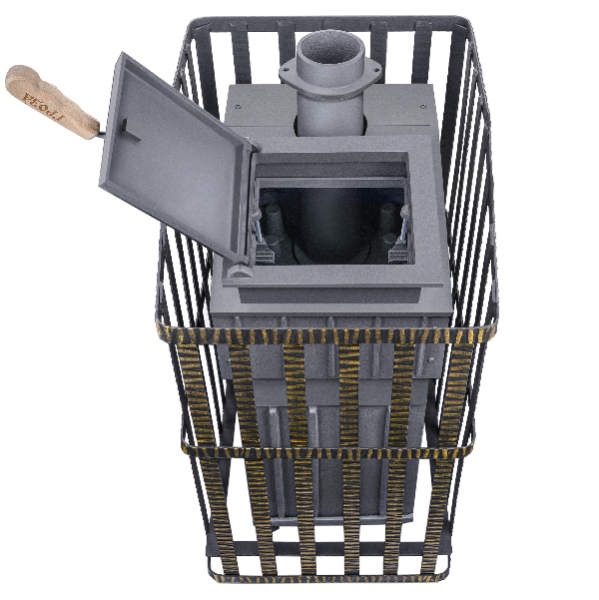 Печь-каменка чугунная ГРОЗА-УРАГАН 24МС дверца со стеклом в сетке (24 м.куб)