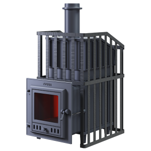 Печь-каменка чугунная ГРОЗА-УРАГАН 24МС дверца со стеклом в сетке (24 м.куб)