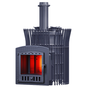 Печь-каменка чугунная АВАНГАРД ЗК УРАГАН 35П2 в сетке ТЮЛЬПАН  дверца ПАНОРАМА  (35 м.куб)