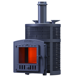 Печь-каменка чугунная ИСКАНДЕР ЗК УРАГАН 25П2 Pro в СЕТКЕ  дверца ПАНОРАМА (25 м.куб)