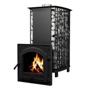 Печь-каменка чугунная СУДАРУШКА РУСА-СЕМЕЙНАЯ нерж. тоннель и чугунная дверца ПАНОРА (10 - 18 м.куб)