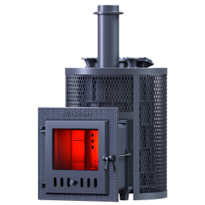 Печь-каменка чугунная АВАНГАРД ЗК УРАГАН 25М в сетке КРУГЛАЯ  дверца со стеклом  (25 м.куб)