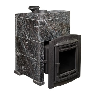 Печь-каменка чугунная АТМОСФЕРА XL дверца со стеклом в облицовке АМФИБОЛИТ (32 м.куб)