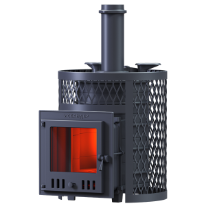 Печь-каменка чугунная ИСКАНДЕР-УРАГАН 25МС дверца со стеклом в сетке (25 м.куб)