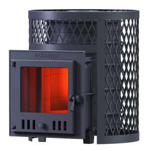 Печь-каменка чугунная ИСКАНДЕР 25МС дверца со стеклом в сетке (25 м.куб)