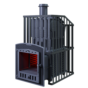 Печь-каменка чугунная ГРОМ УРАГАН 30П2 в СЕТКЕ  дверца ПАНОРАМА (30 м.куб)