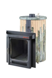 Печь-каменка ОПТИМА ПФ дверца со стеклом в ламелях ЖАДЕИТ + ОКАМЕНЕВШЕЕ ДЕРЕВО (28 м.куб)